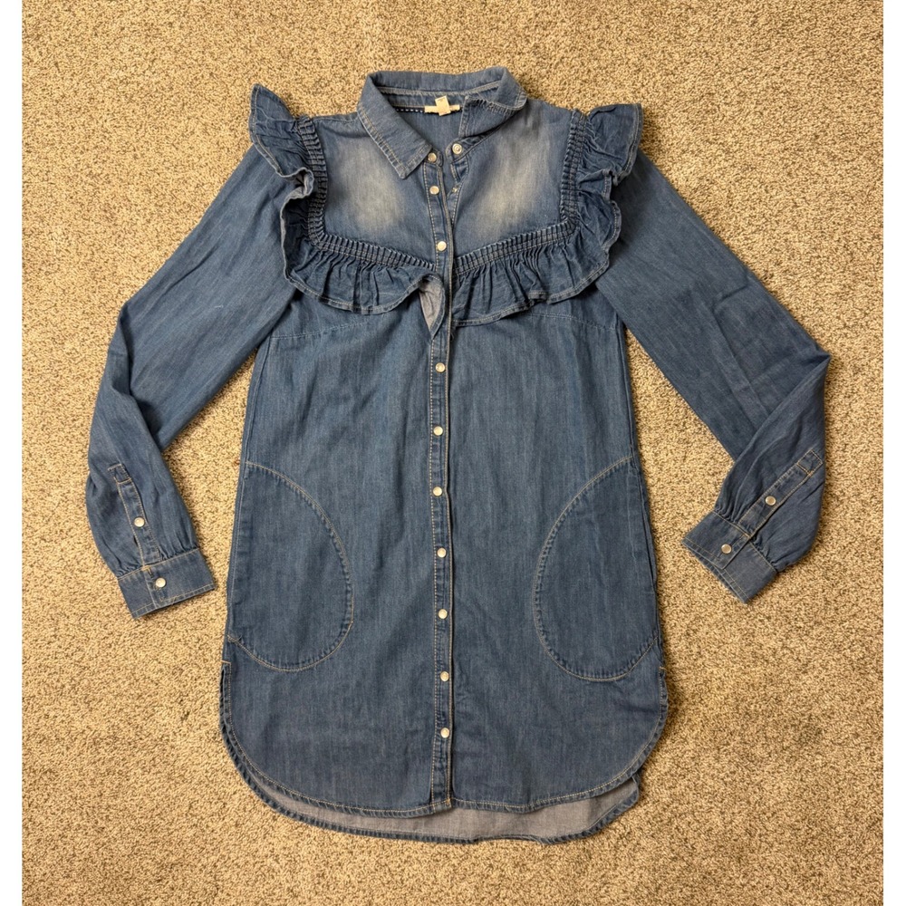 Pilcro Anthropologie Denim Ruffle Snap Front Shirt Dress Medium Wash Blue Small - Picture 6 of 9